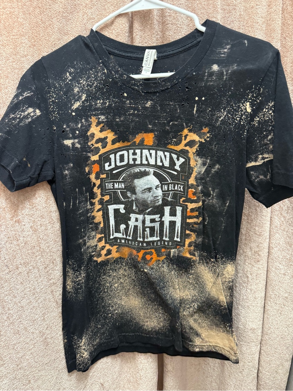 Bella Canvas Black Johnny Cash Graphic Tee with Orange Bleach Accents
